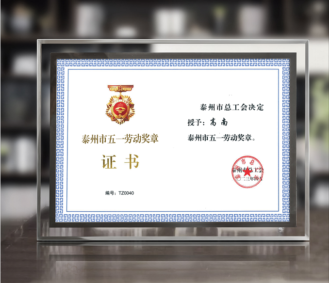九游科技董事长高南先生荣获泰州市“五一”劳动奖章